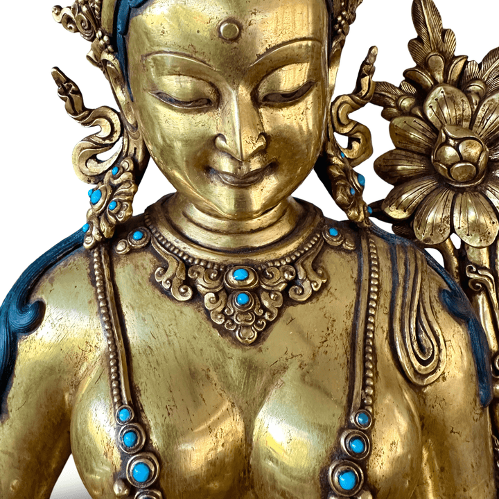 Grosse, prächtige Kupferstatue der Grünen Tara, feuervergoldet, Nepal, 20. Jht. - Atelier Tibet