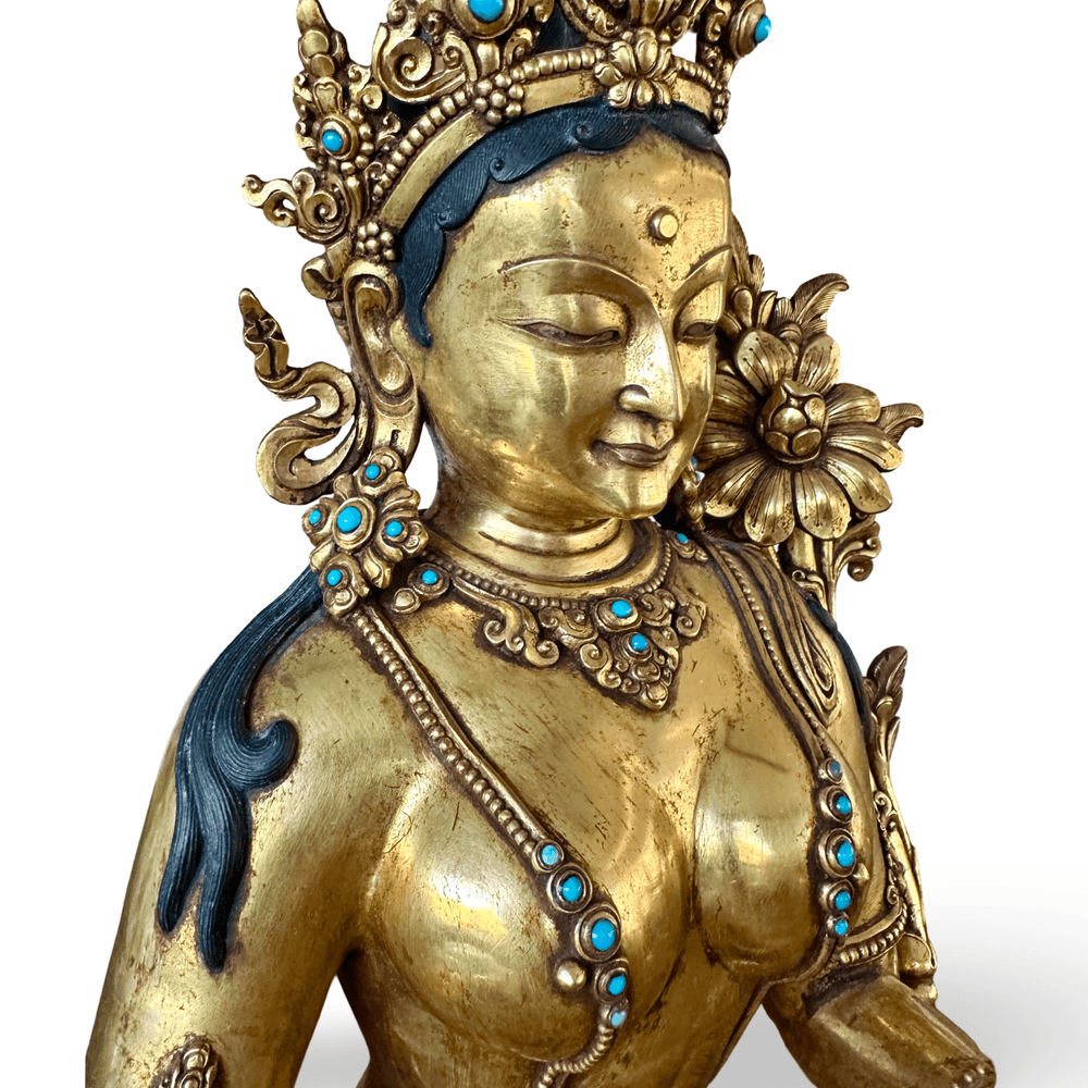 Grosse, prächtige Kupferstatue der Grünen Tara, feuervergoldet, Nepal, 20. Jht. - Atelier Tibet