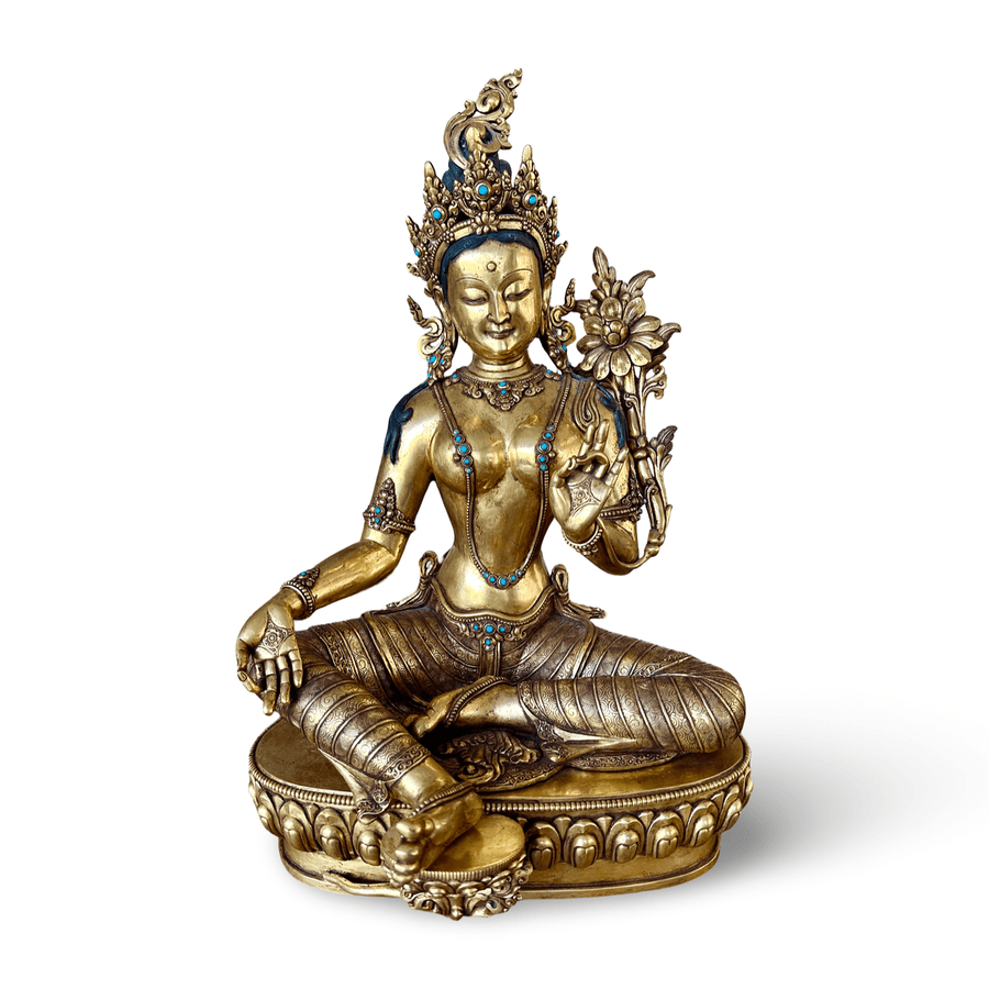 Grosse, prächtige Kupferstatue der Grünen Tara, feuervergoldet, Nepal, 20. Jht. - Atelier Tibet