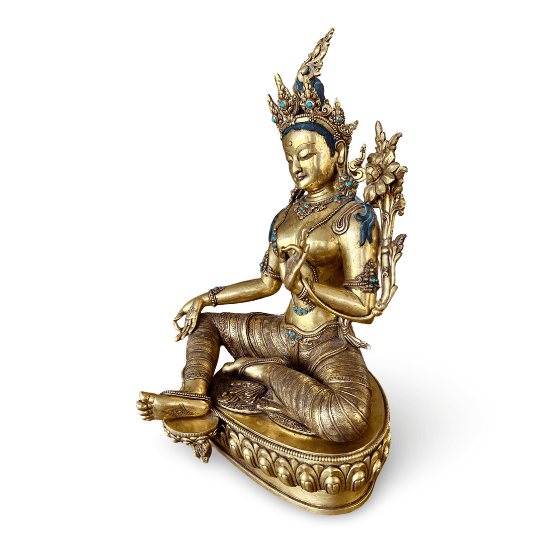 Grosse, prächtige Kupferstatue der Grünen Tara, feuervergoldet, Nepal, 20. Jht. - Atelier Tibet