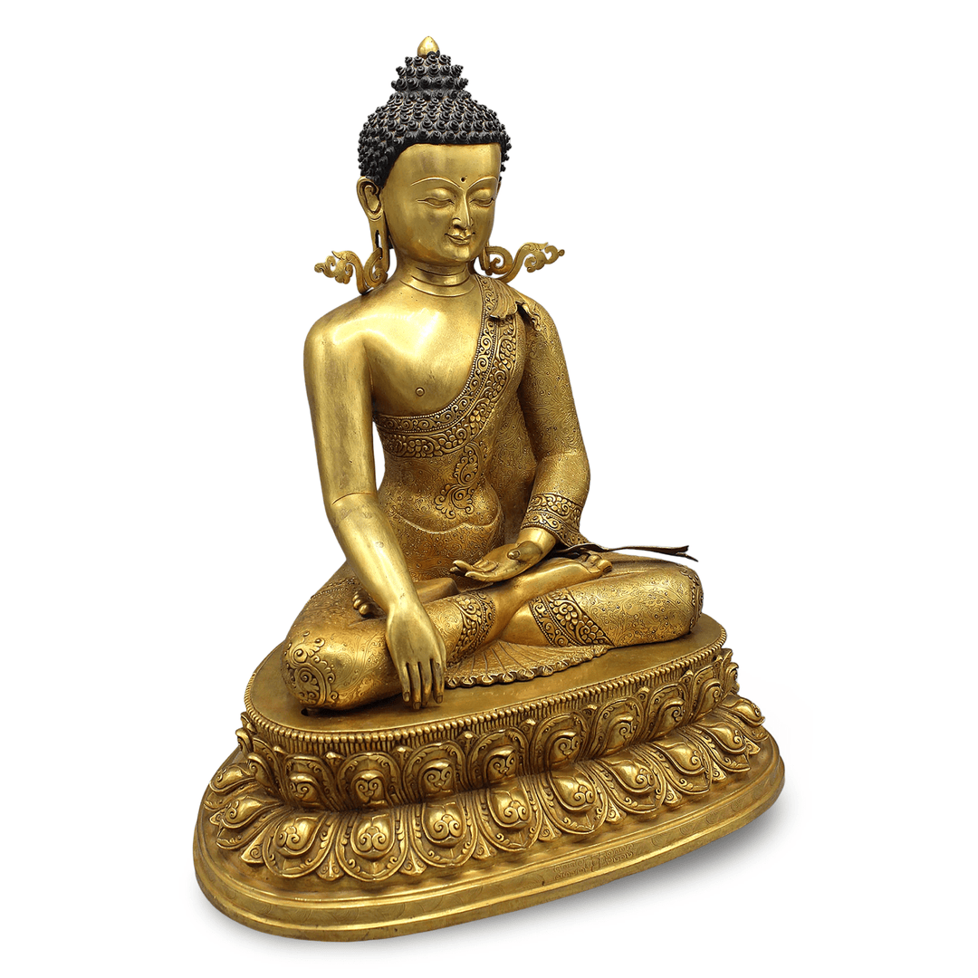 Grosse, reich ziselierte Kupferstatue des Shakyamuni Buddha, feuervergoldet - Atelier Tibet
