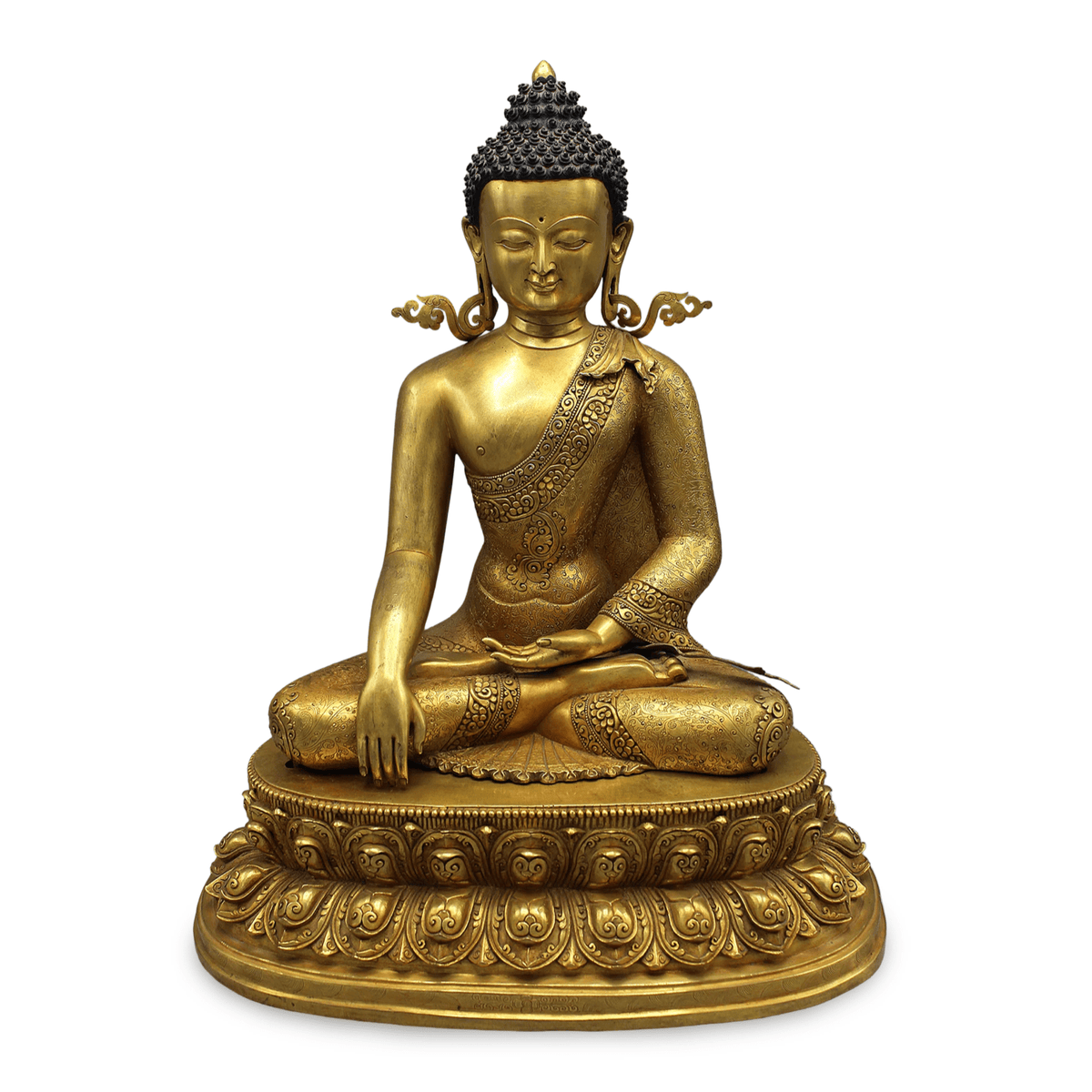Grosse, reich ziselierte Kupferstatue des Shakyamuni Buddha, feuervergoldet - Atelier Tibet