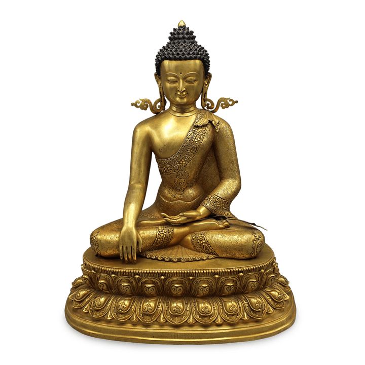 Grosse, reich ziselierte Kupferstatue des Shakyamuni Buddha, feuervergoldet - Atelier Tibet
