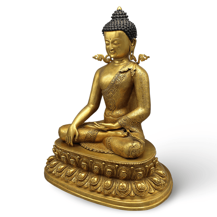 Grosse, reich ziselierte Kupferstatue des Shakyamuni Buddha, feuervergoldet - Atelier Tibet