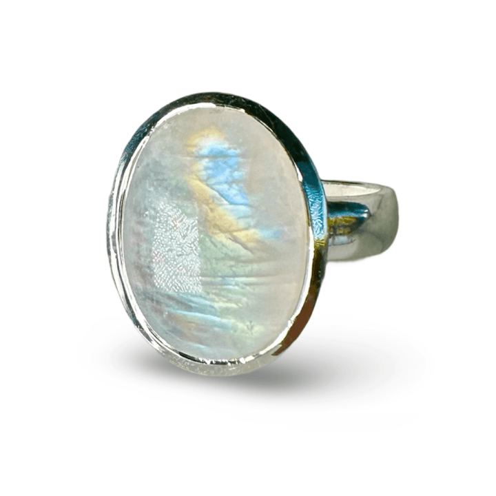 Grosse Ringe mit Regenbogen - Mondstein und Silber - Atelier Tibet