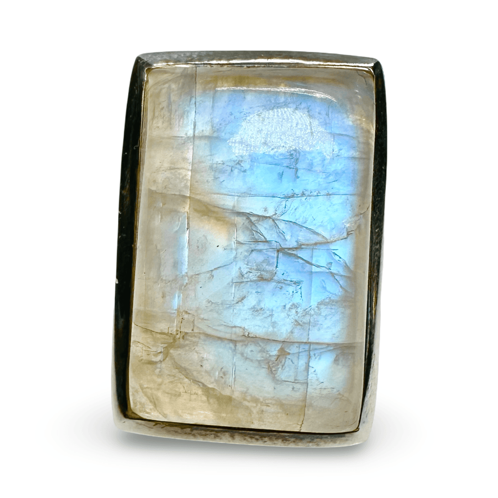 Grosse Ringe mit Regenbogen - Mondstein und Silber - Atelier Tibet