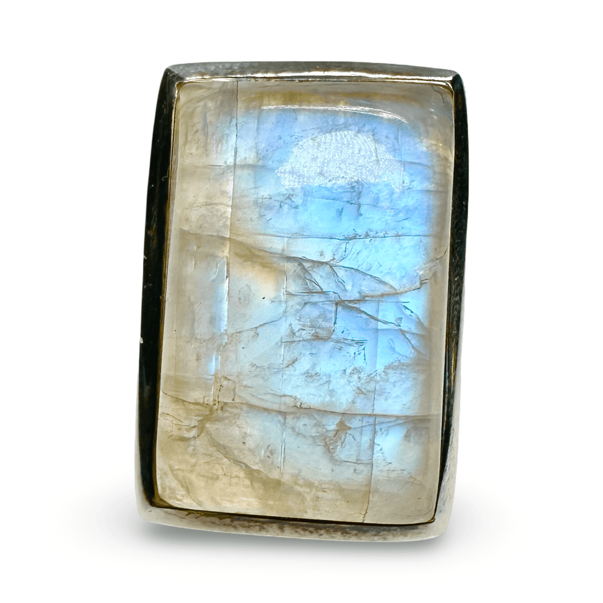 Grosse Ringe mit Regenbogen - Mondstein und Silber - Atelier Tibet