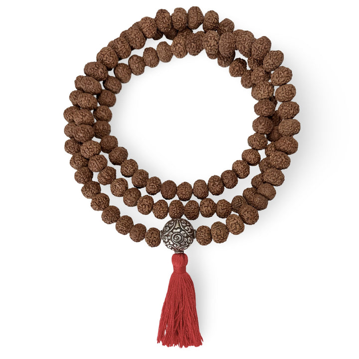 Grosse Rudraksha Mala mit Silberperle - Atelier Tibet