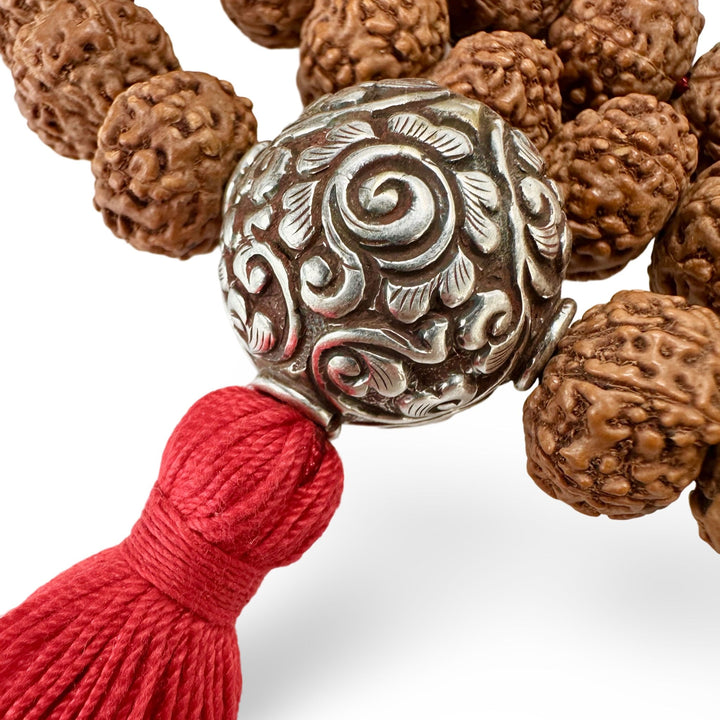 Grosse Rudraksha Mala mit Silberperle - Atelier Tibet