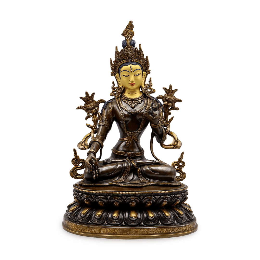 Grosse Weisse Tara Kupfer - Statue auf doppeltem Lotus - Thron - Atelier Tibet