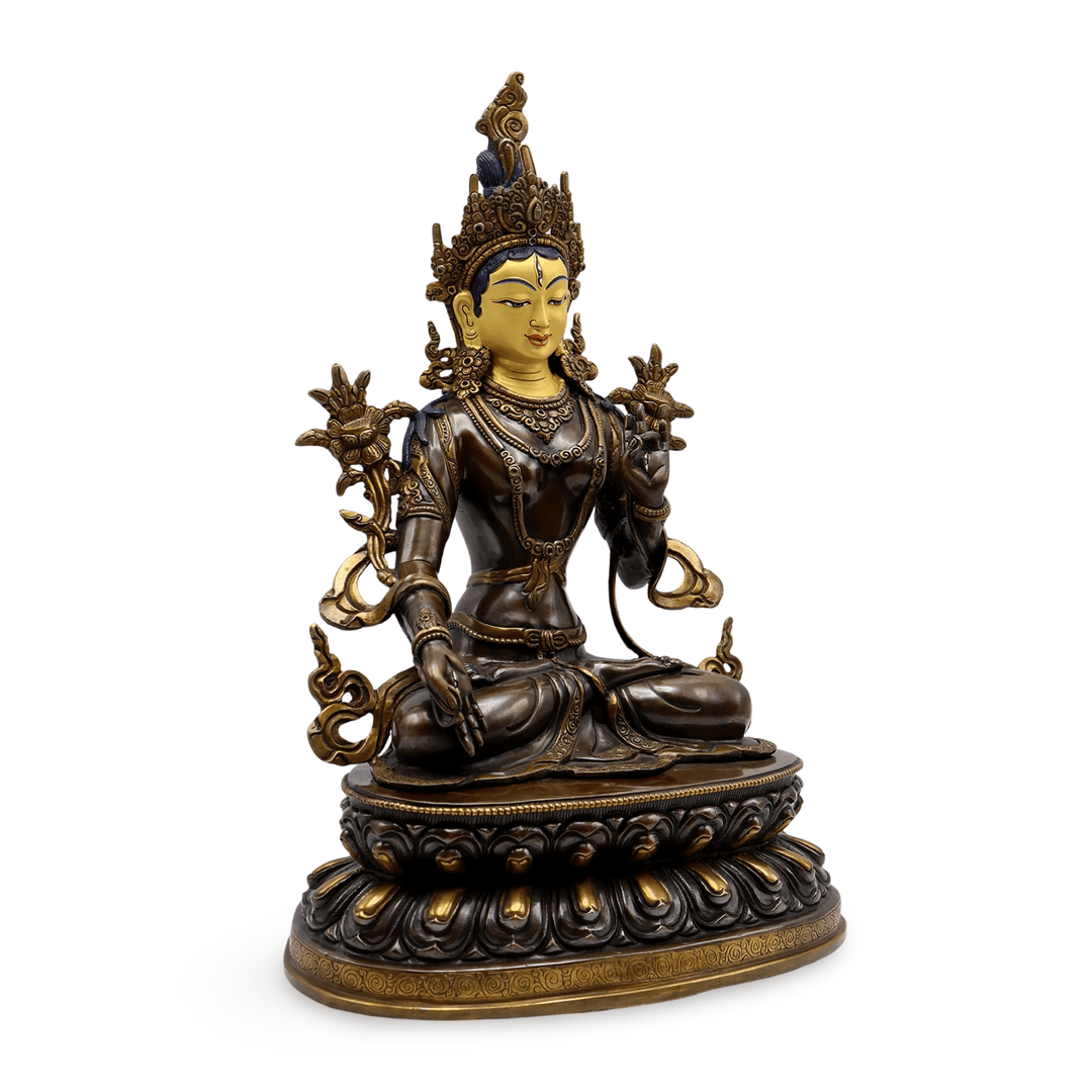 Grosse Weisse Tara Kupfer - Statue auf doppeltem Lotus - Thron - Atelier Tibet