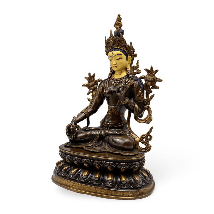 Grosse Weisse Tara Kupfer - Statue auf doppeltem Lotus - Thron - Atelier Tibet