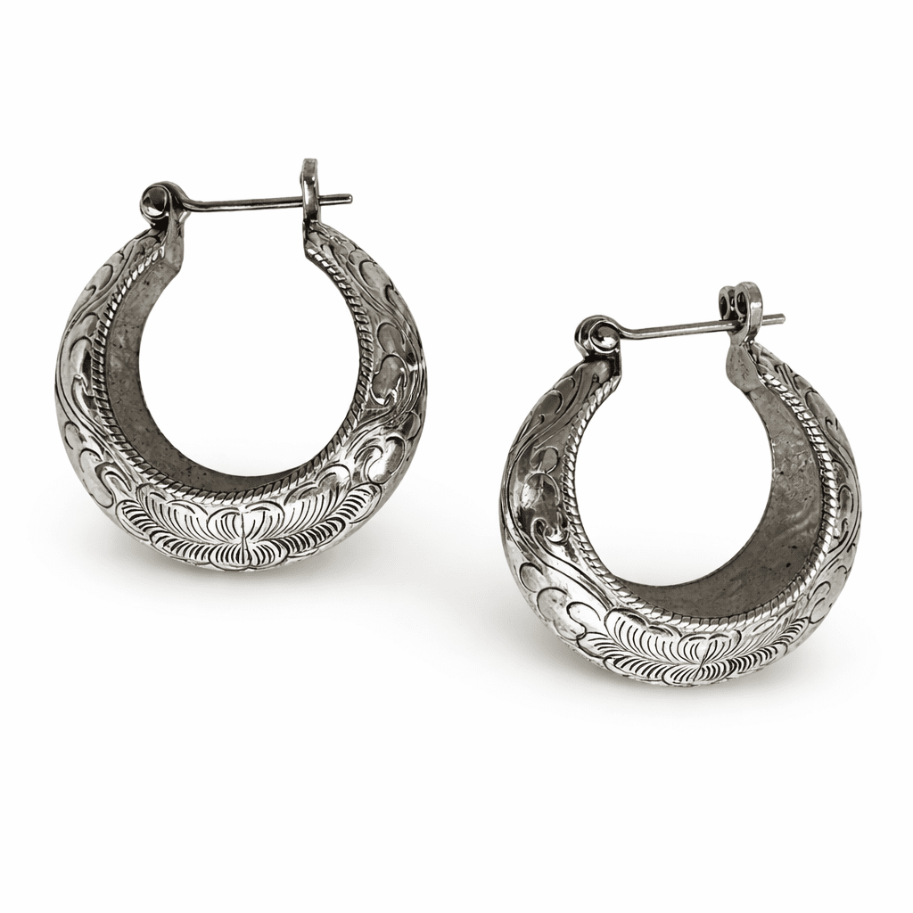 Grosse ziselierte Kreolen aus Silber - Atelier Tibet