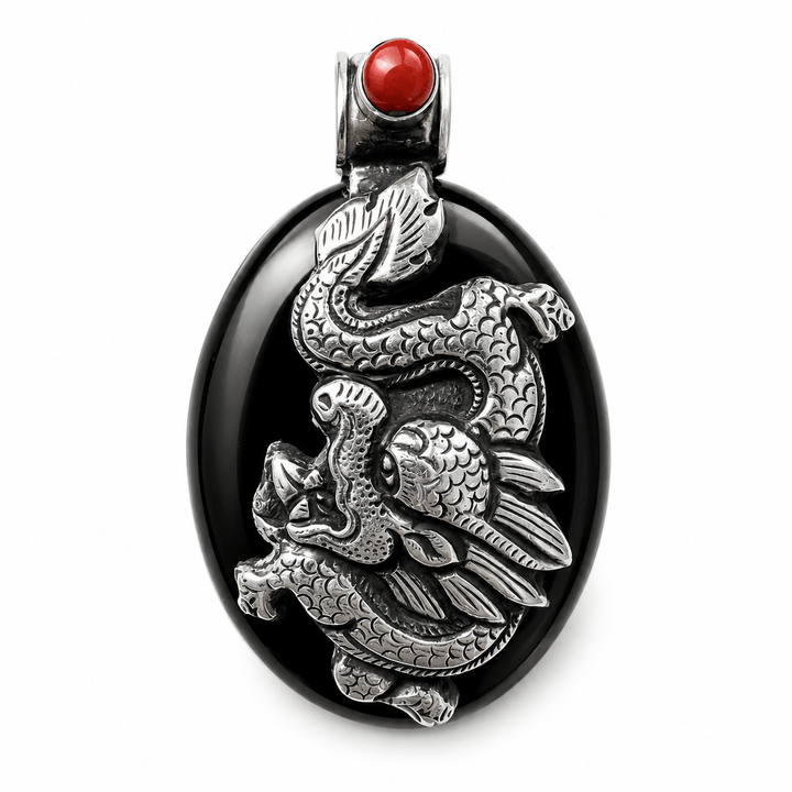 Grosser Onyx-Anhänger mit Silberdrache und Koralle - Atelier Tibet