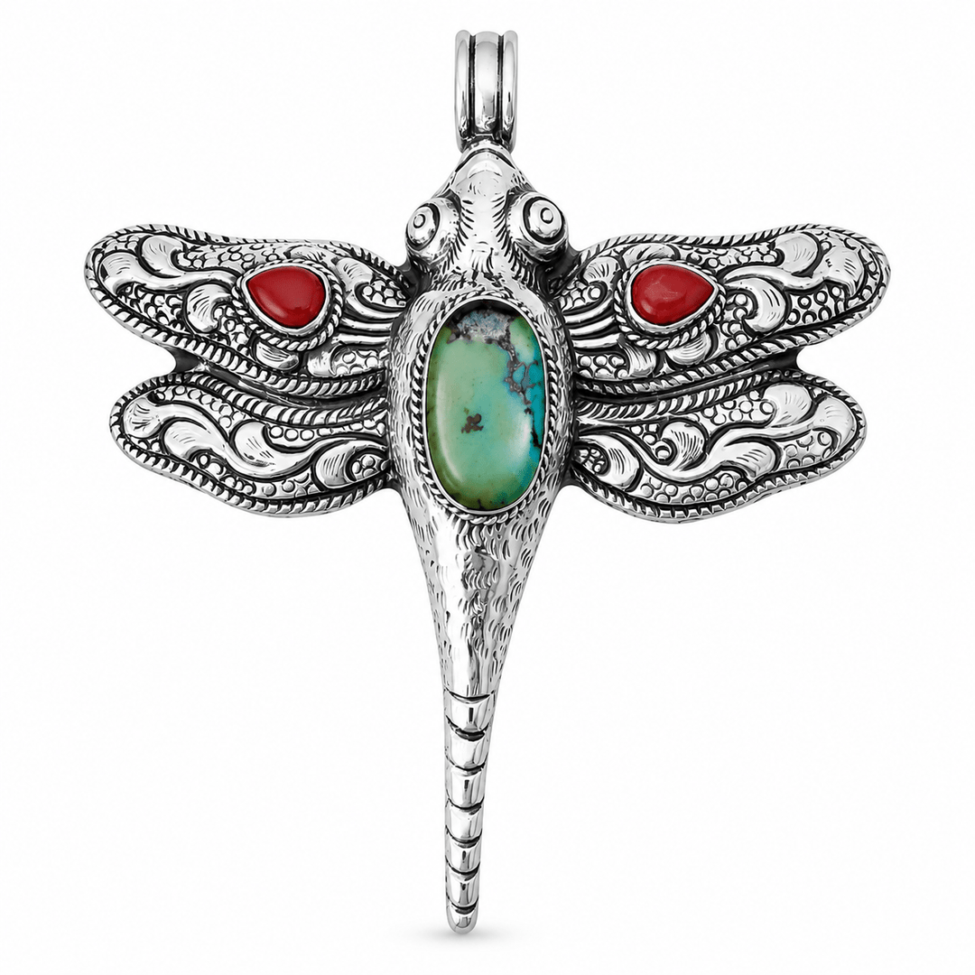 Grosser Silber-Anhänger «Libelle» mit Türkis und Koralle - Atelier Tibet