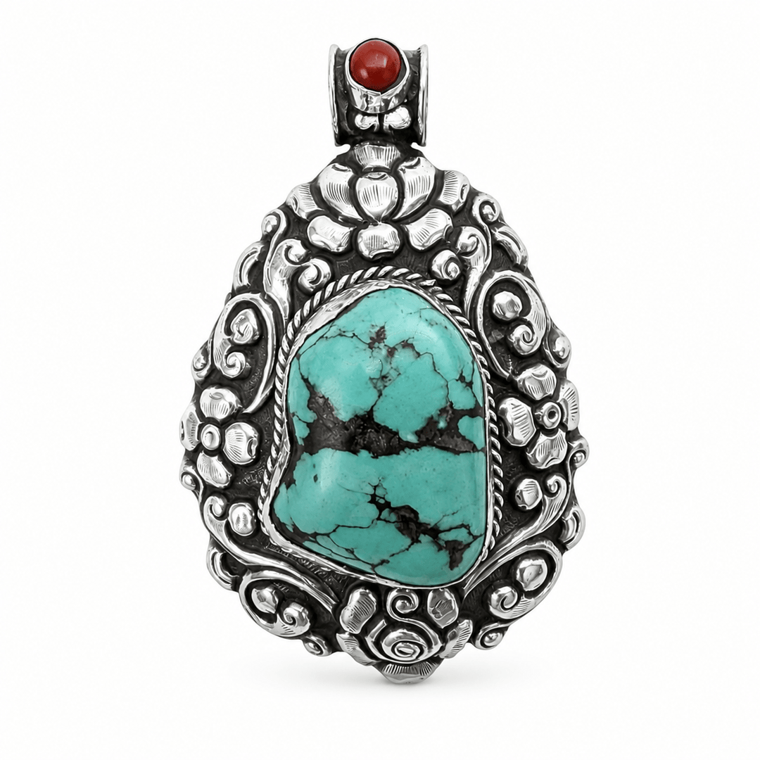 Grosser Silber-Anhänger mit Türkis und Koralle - Atelier Tibet