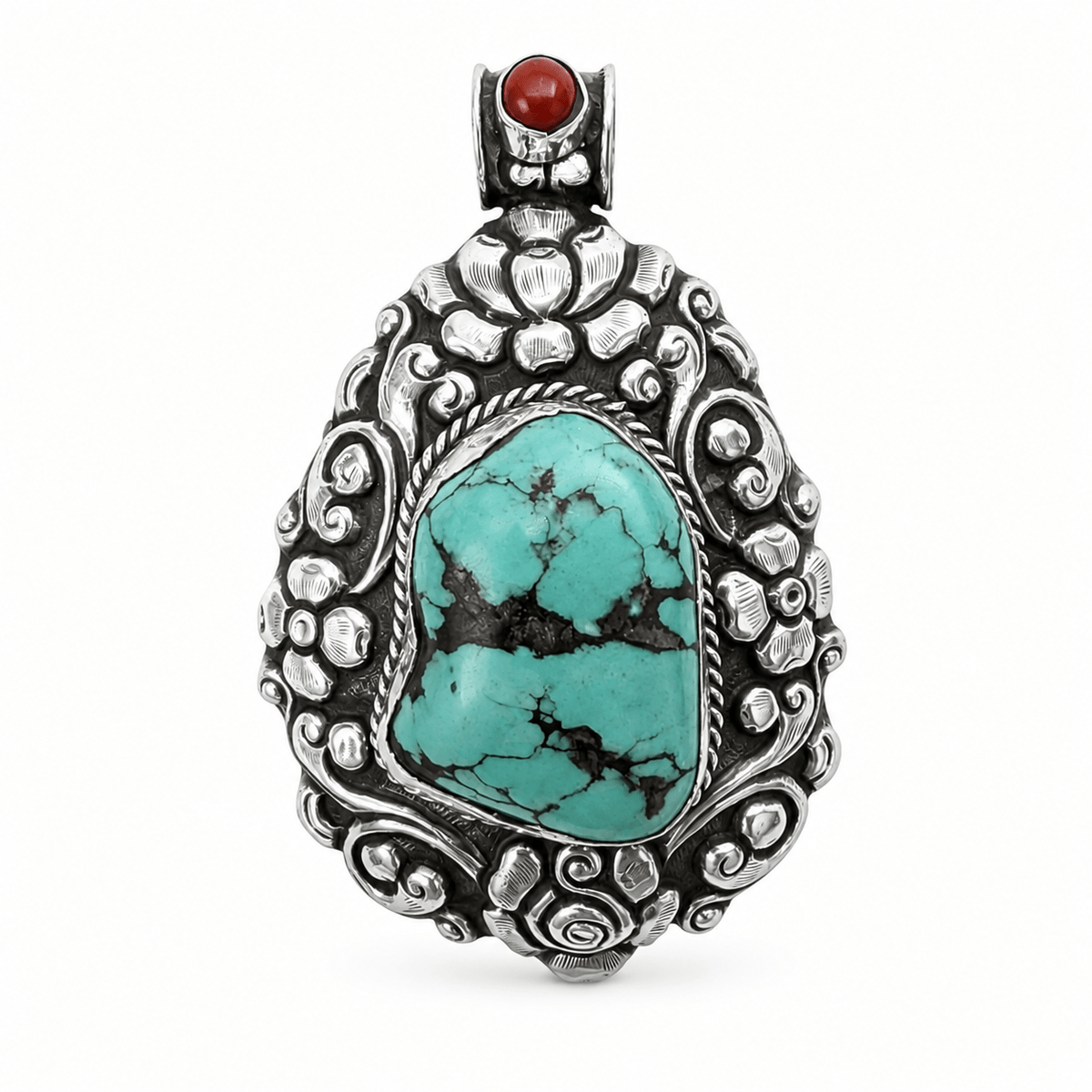 Grosser Silber-Anhänger mit Türkis und Koralle - Atelier Tibet