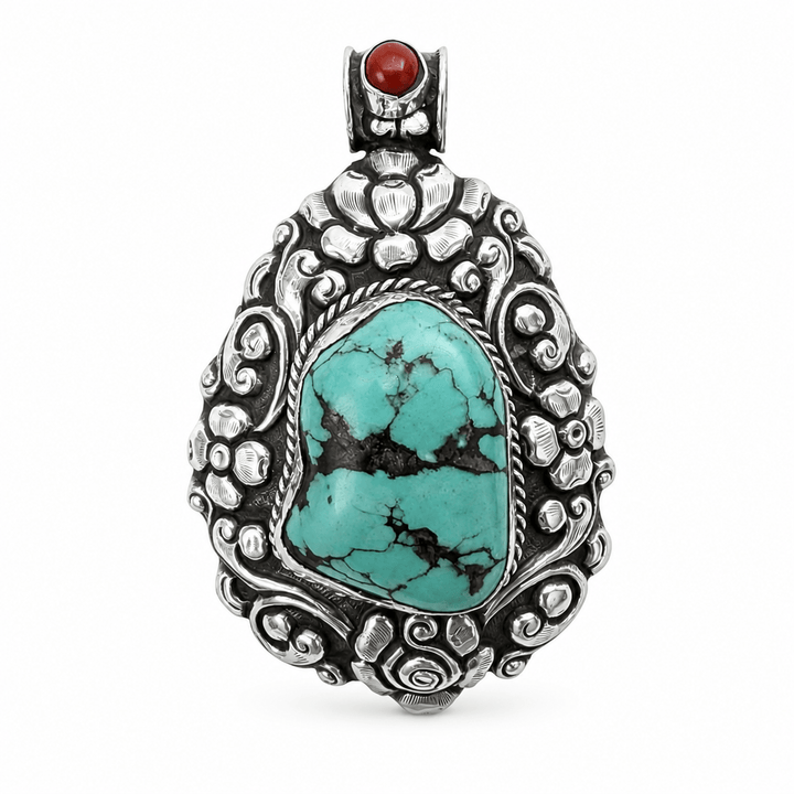 Grosser Silber-Anhänger mit Türkis und Koralle - Atelier Tibet