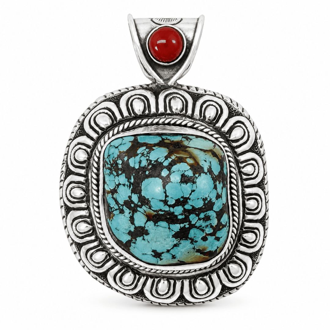Grosser Silber-Anhänger mit Türkis und Koralle - Atelier Tibet