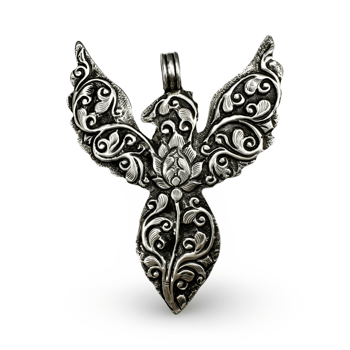 Grosser Silber - Anhänger eines mystischen Vogels mit Karneol und Koralle - Atelier Tibet