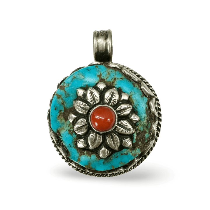 Grosser Tibetischer Silber - Anhänger mit Türkis und Koralle - Atelier Tibet