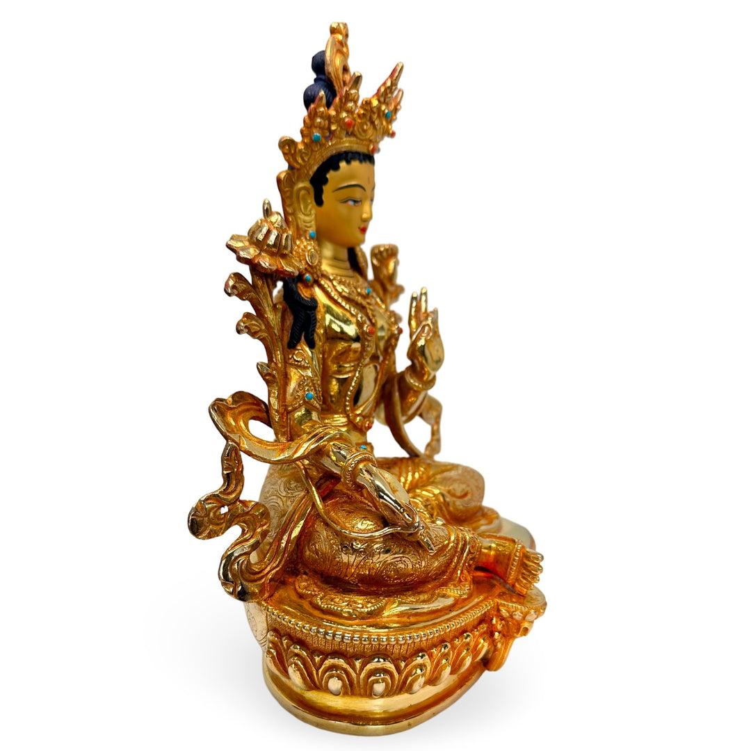 Grüne Tara Statue aus Bronze, feuervergoldet und bemalt - Atelier Tibet