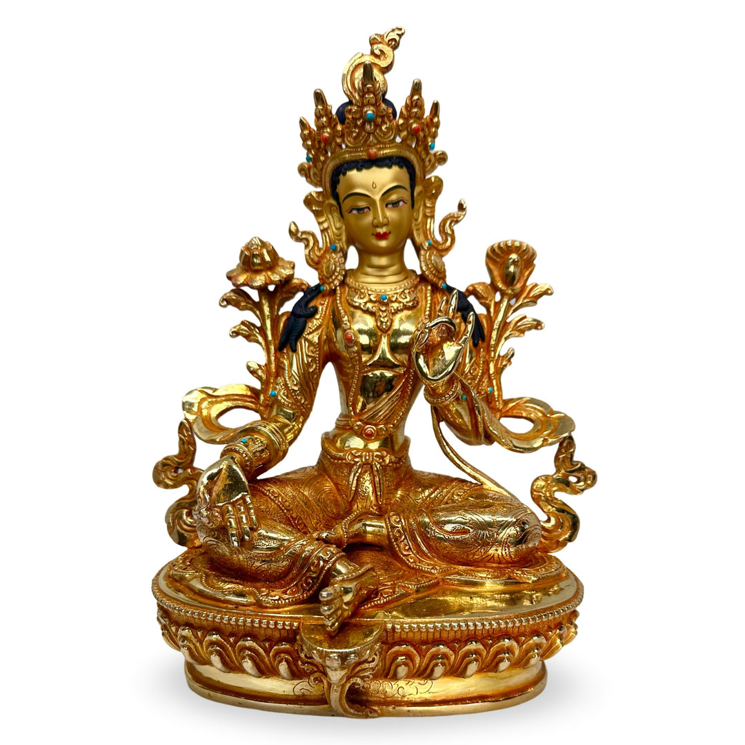 Grüne Tara Statue aus Bronze, feuervergoldet und bemalt - Atelier Tibet