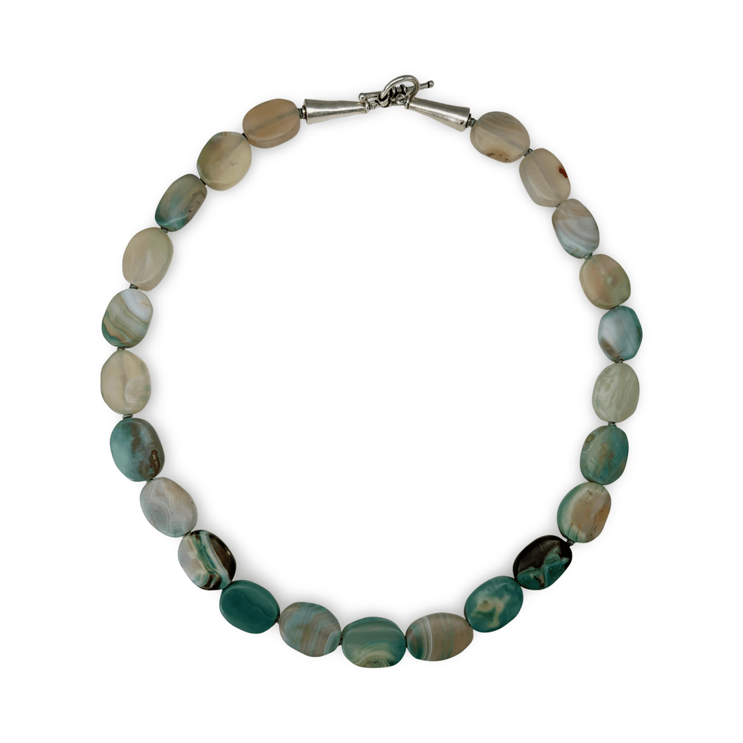 Halskette aus Achat mit Silber – grün-bänderige Steine - Atelier Tibet