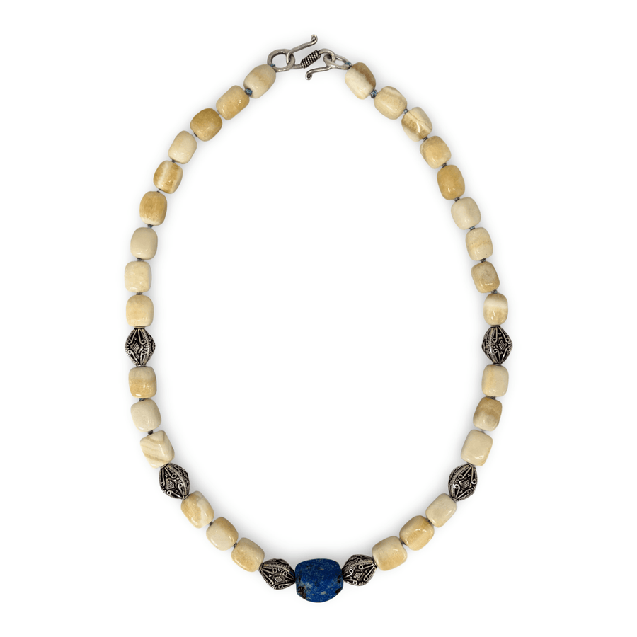 Halskette aus Aragonit mit Lapislazuli und Silber - Einzelstück - Atelier Tibet