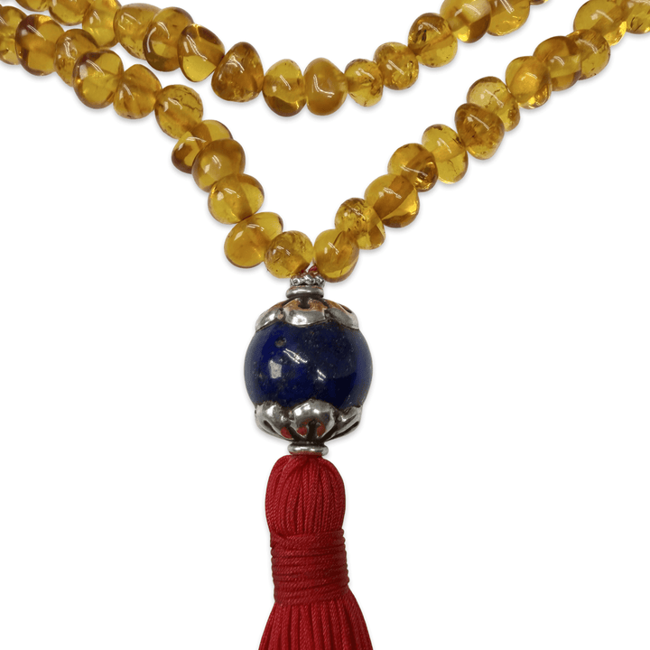 Halskette aus honigfarbigen Bernsteinen und silbergefasstem Lapis Lazuli - Atelier Tibet