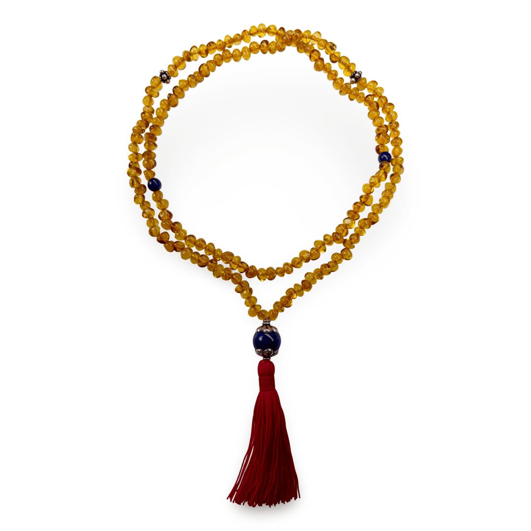 Halskette aus honigfarbigen Bernsteinen und silbergefasstem Lapis Lazuli - Atelier Tibet