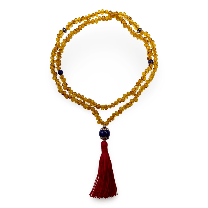 Halskette aus honigfarbigen Bernsteinen und silbergefasstem Lapis Lazuli - Atelier Tibet