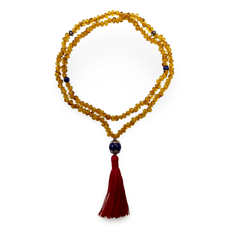 Halskette aus honigfarbigen Bernsteinen und silbergefasstem Lapis Lazuli - Atelier Tibet