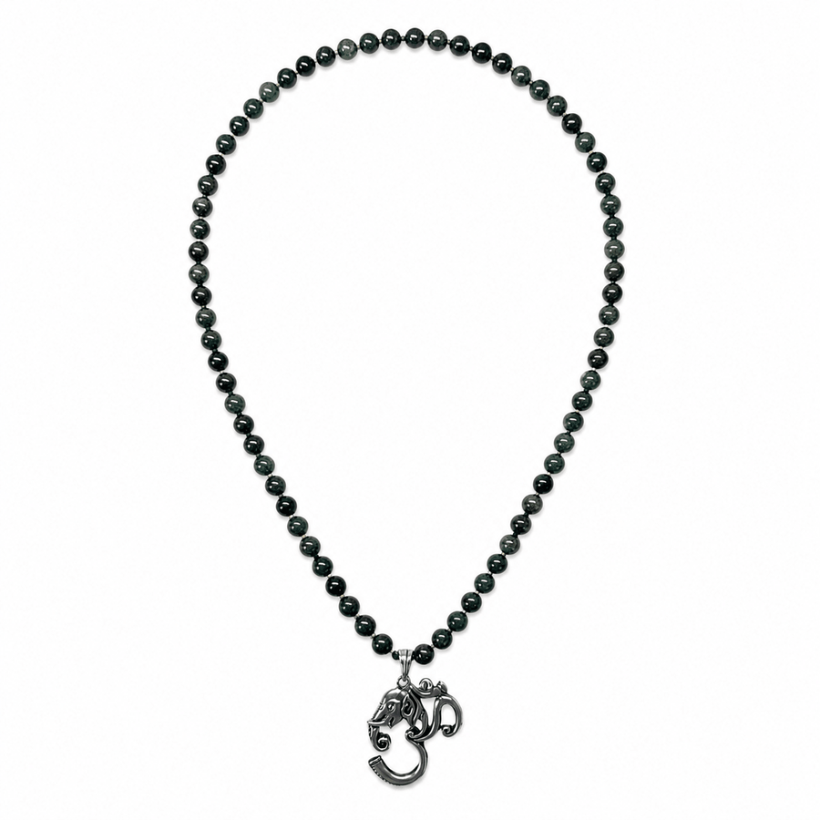 Halskette aus Kambaba-Jaspis mit Om ॐ-Ganesha-Anhänger in Silber - Atelier Tibet