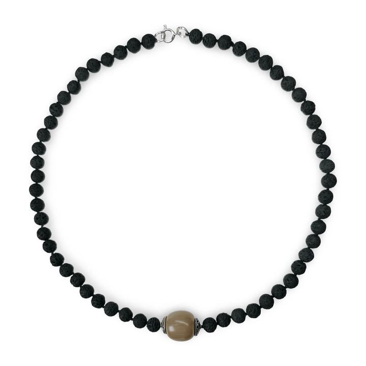 Halskette aus Lava - Perlen und Silber mit Yak - Horn - Anhänger - Atelier Tibet