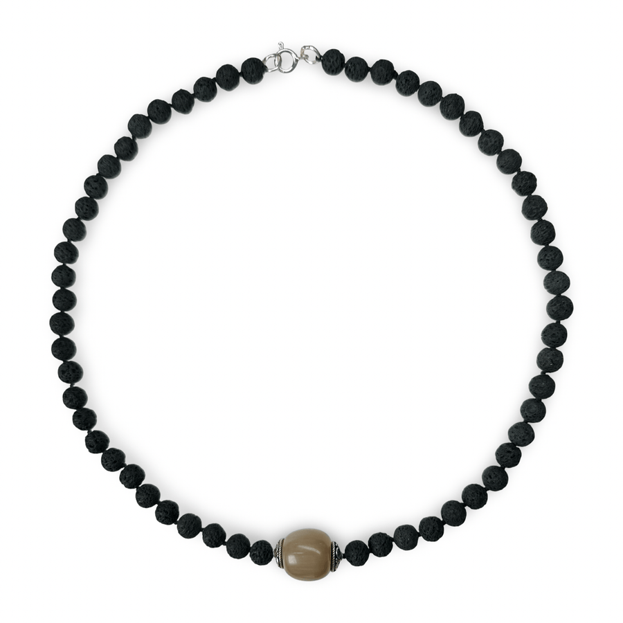 Halskette aus Lava - Perlen und Silber mit Yak - Horn - Anhänger - Atelier Tibet
