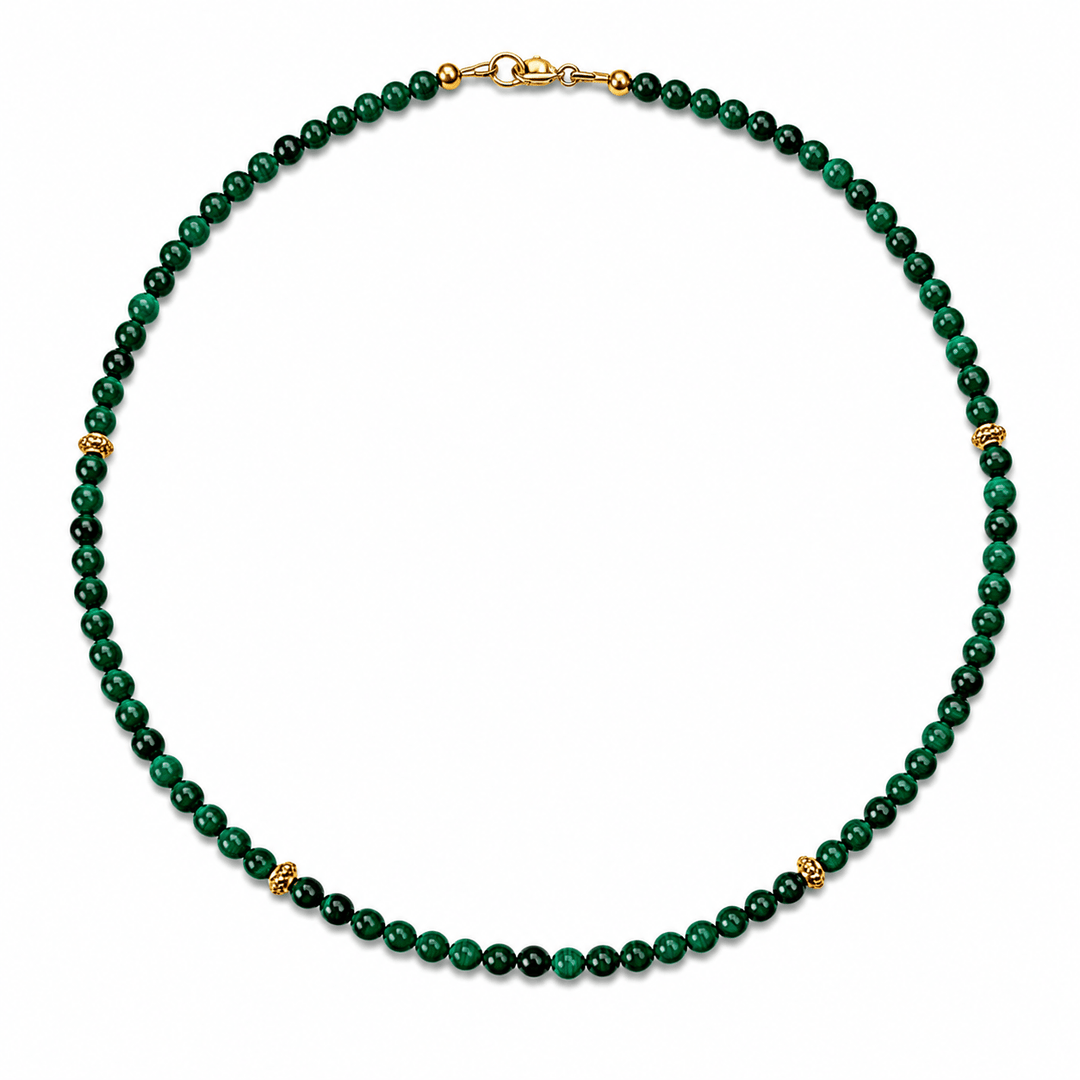 Halskette aus Malachit mit vergoldeten Silberperlen - Atelier Tibet
