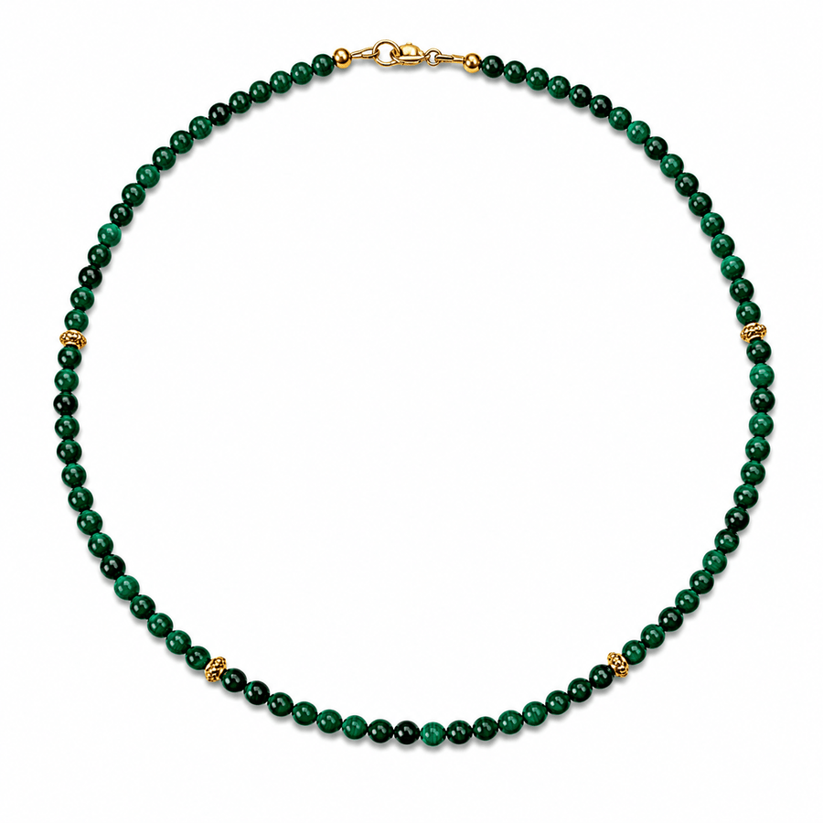 Halskette aus Malachit mit vergoldeten Silberperlen - Atelier Tibet