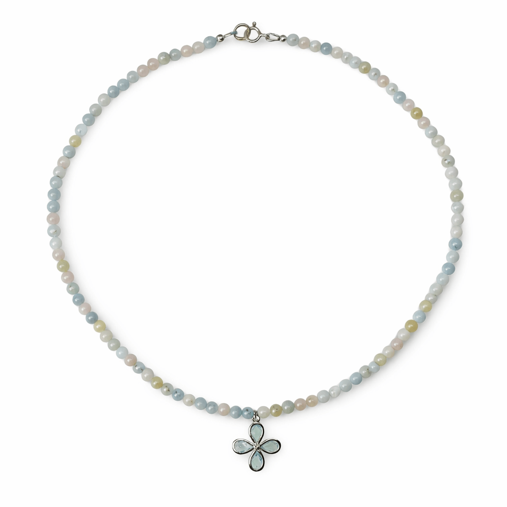 Halskette aus pastellfarbenen Morganit - Perlen mit Topas - Anhänger - Atelier Tibet
