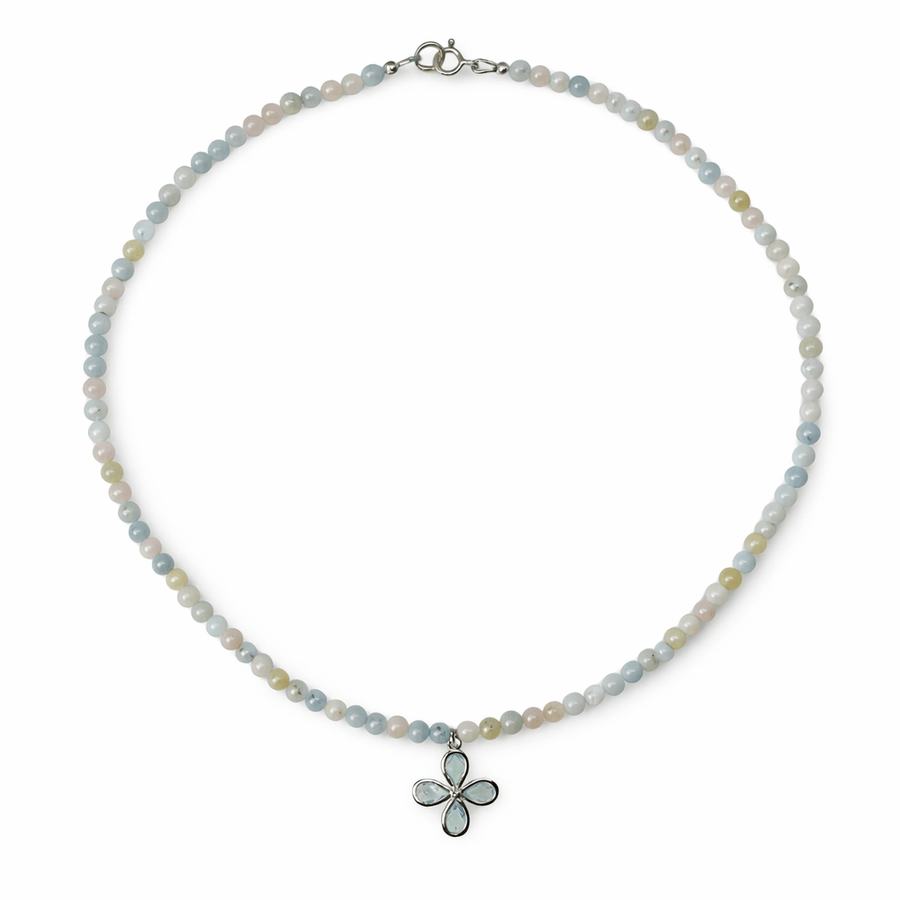 Halskette aus pastellfarbenen Morganit - Perlen mit Topas - Anhänger - Atelier Tibet