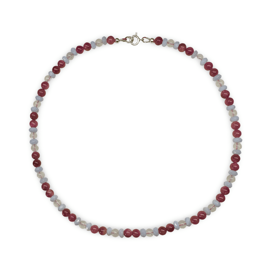 Halskette aus rosa Turmalin, Mondstein und Chalcedon - Atelier Tibet