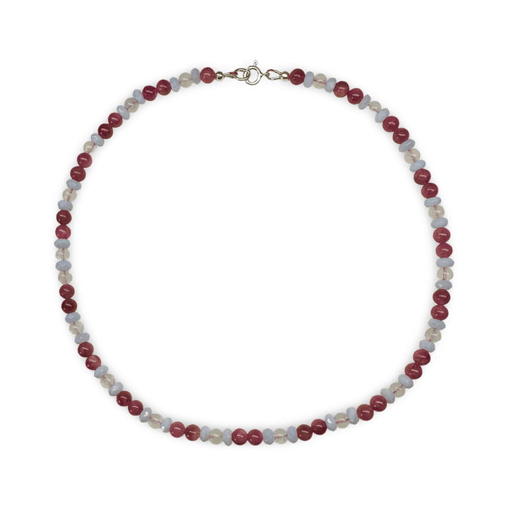 Halskette aus rosa Turmalin, Mondstein und Chalcedon - Atelier Tibet