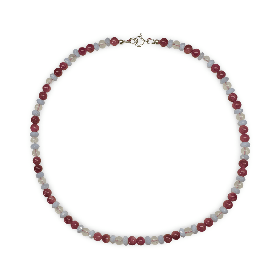 Halskette aus rosa Turmalin, Mondstein und Chalcedon - Atelier Tibet