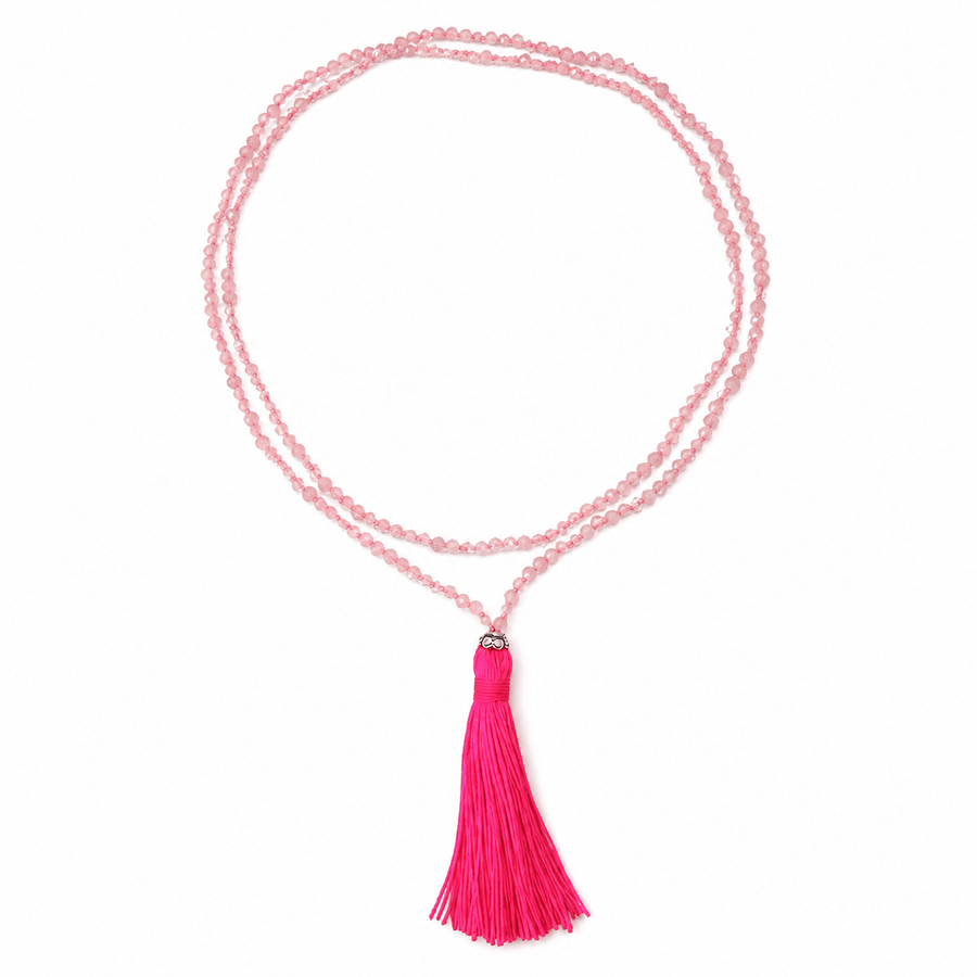 Halskette aus Rosenquarz mit pinker Quaste - Atelier Tibet