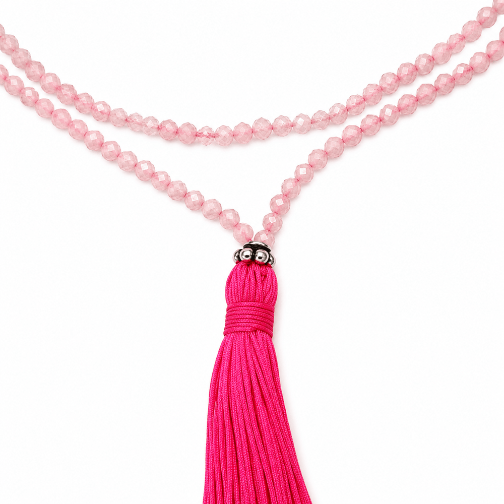 Halskette aus Rosenquarz mit pinker Quaste - Atelier Tibet