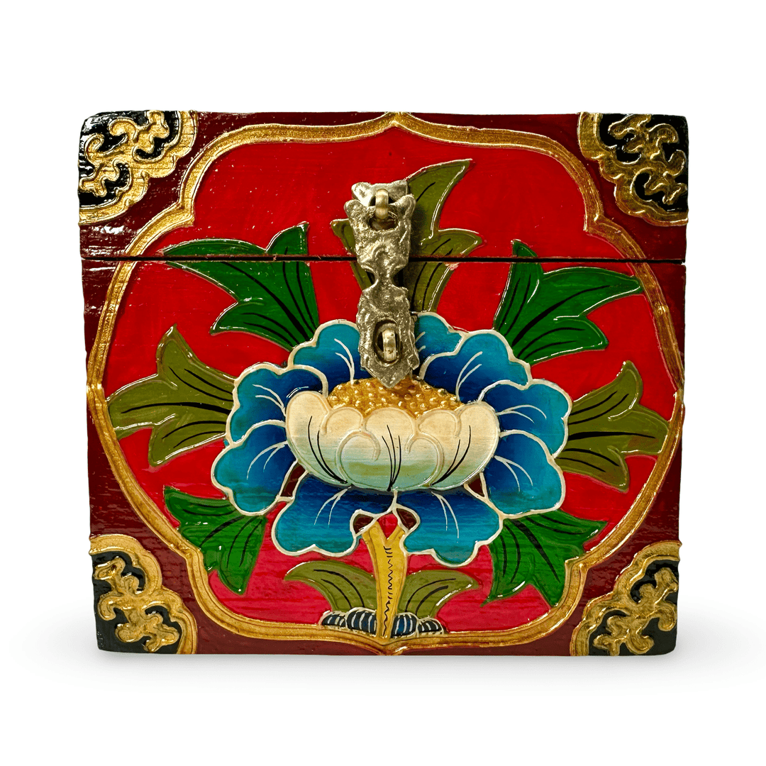 Handbemalte Tibetische Holzschatulle mit Blumenmotiv - Atelier Tibet
