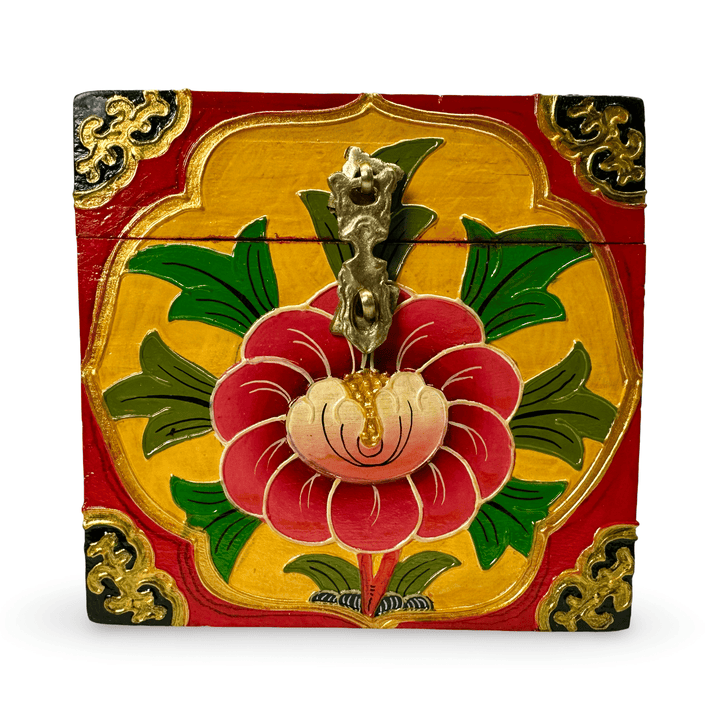 Handbemalte Tibetische Holzschatulle mit Blumenmotiv - Atelier Tibet