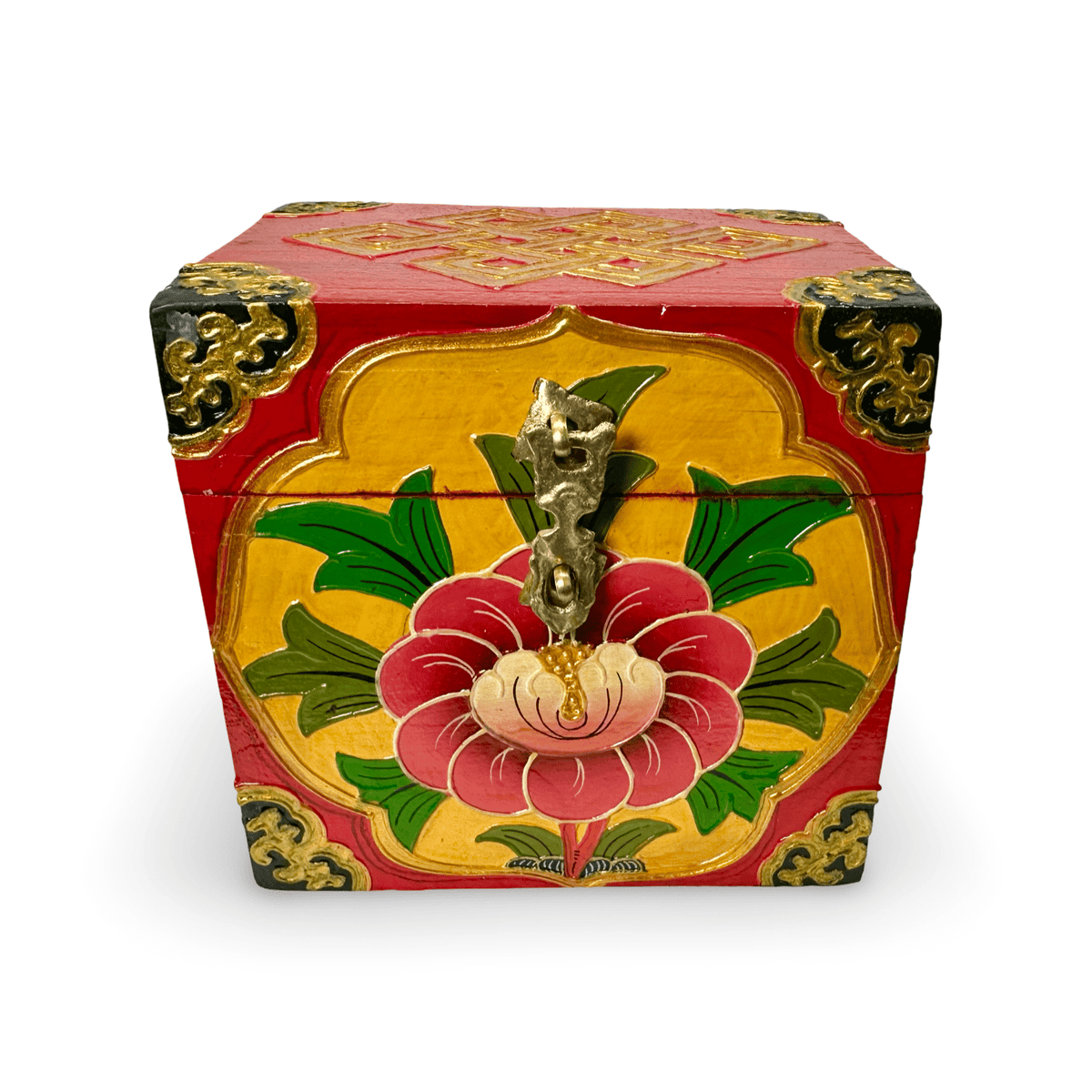 Handbemalte Tibetische Holzschatulle mit Blumenmotiv - Atelier Tibet