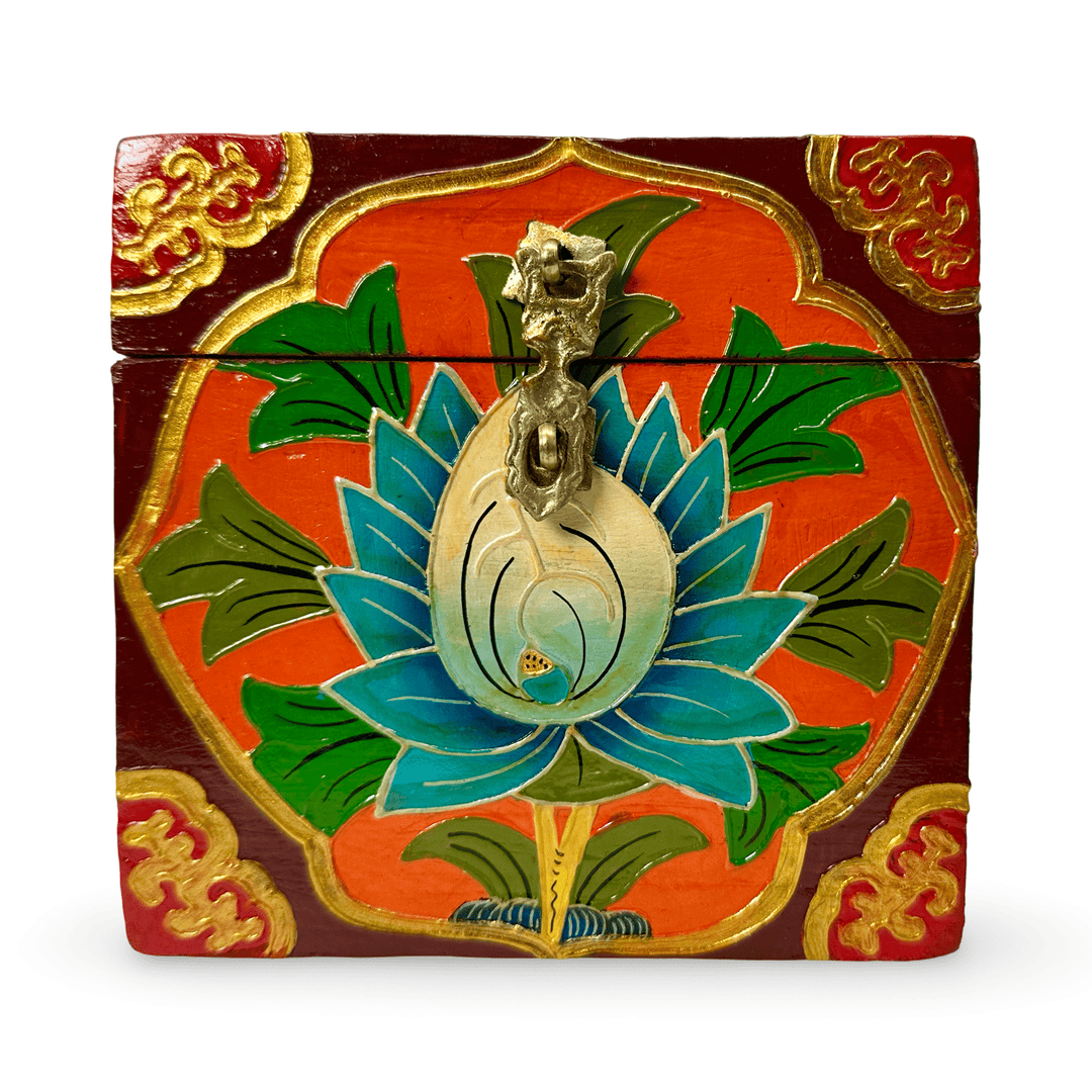 Handbemalte Tibetische Holzschatulle mit Blumenmotiv - Atelier Tibet