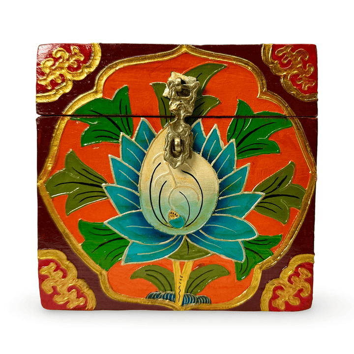 Handbemalte Tibetische Holzschatulle mit Blumenmotiv - Atelier Tibet